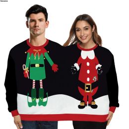 Sweaters Men Women Two Person Elf Ugly Christmas Sweaters Jumpers Tops 3D Funny Print Holiday Party Xmas Long Sleeve Crewneck Sweatshirt