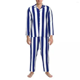 Men's Sleepwear Nautical Design Pyjama Sets Autumn Vertical Navy Blue Stripes Cute Night Couple Two Piece Vintage Graphic Home Suit