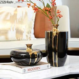 Vases Modern Luxury Ceramic Vase Flower Arrangement Dried Flower Decoration Black Gold Vase Living Room Decoration Flower Vase Home L240309