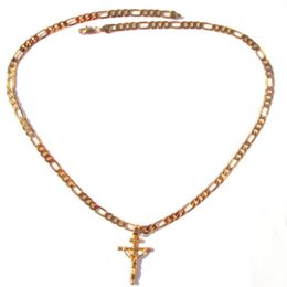 18k Solid Gold G F 4mm Italian Figaro Link Chain Necklace 24 Womens Mens Jesus Crucifix Cross Pendant300b