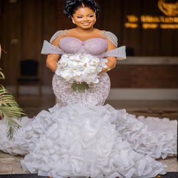 2024 Arabic Aso Ebi Plus Size Luxurious Wedding Dress Beaded Crystals Lace Organza Tiers Bridal Gowns Dresses ZJ033