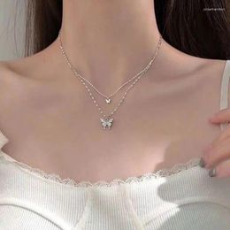 Pendant Necklaces Double Layer Butterfly Flash Diamond Necklace 2024 Spring And Summer Women's All-Match Cold Wind Clavicle Chain Jewellery