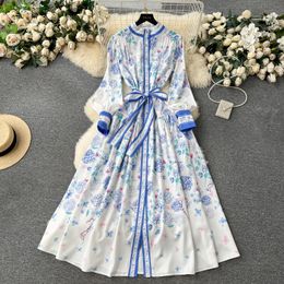 Casual Dresses Fashion Runway Blue Flower Print Long Dress Women Clothing Lantern Sleeve Single Breasted Belt Lace Up Holiday Robes Vestidos 2024