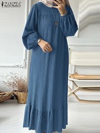 ZANZEA Fashion Ruffles Hem Muslim Sundress Woman Puff Sleeve O Neck Dress Autumn Elegant Party Abaya Vestidos Islamic Clothing 240308