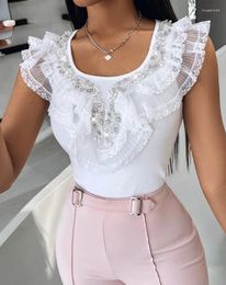 Women's T Shirts Luxury Tank Top Beaded Contrast Lace Patch 2024 Spring/summer Latest Sexy Elegant U-Neck Sleeveless T-Shirt