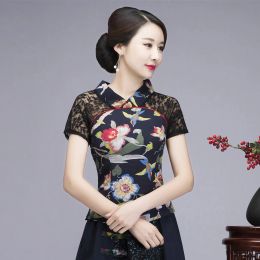 Shirts Women NEW Shirt Slim Flower Top Cotton Sexy Lace Blouse Chinese Style Shirts Vintage Hanfu Clothes Plus Size 3XL 4XL 5XL 6XL