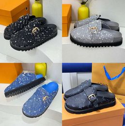 Designer Slipper Cosy Flat sandals Calfskin Mules Clogs Denim Letter Printing Comfort Men Women Casual Baotou slippers 1135ess