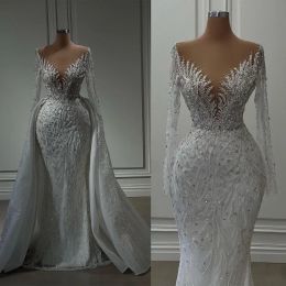 Mermaid Wedding Dresses with Detachable Train Sheer Neck Long Sleeve Bridal Gowns Vestido Novia Beading Appliques Bride Dress