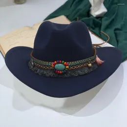 Berets Woollen Cowboy Hat Stylish Ethnic Fedora Hats With Beaded Belt Decor For Men Women Top Fashion Accessories