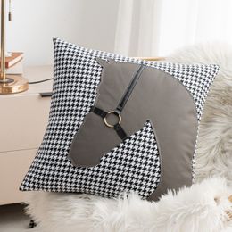 Pillow Case Creative Leather Patchwork Nordic Sofa Cushion Bay Window Bedroom Cushion Houndstooth Grey Horse Head Light Luxury Pillow Cover