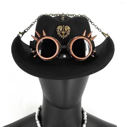 Berets Vintage Mens Western Jazz Hats Steampunk Cosplay Cowboy Chain With Goggles