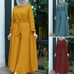 Women's long sleeve solid color dress round neck loose belt Muslim long skirt robe headscarf Islamic clothing