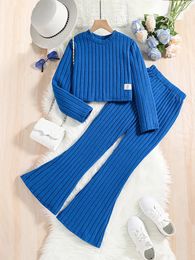 2 Pcs Kids Clothing Sets Outfits for Girls Autumn Winter Children Fashion Knit Blue Long Sleeve Tops Flares Pant 714Y 240307