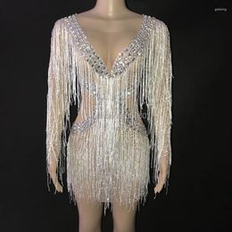 Stage Wear 2024 Silver Rhinestones Fringes Dress Lady Prom Evening Outfit Bar Singer See Through Mesh Shining Birthday Tassels
