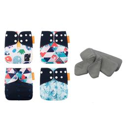 HappyFlute 4Pcs Diapers4Pcs Bamboo Charcoal Inserts Size Adjustable Diaper Washable Reusable Cloth Nappy For Baby Girls Boys 240304