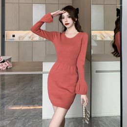 Casual Dresses Women's Knitted Long Sleeve O-Neck Mini Elegant Lantern Stretchy Waist Slim Dress Above Knee Autumn Winter