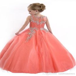 Little Girls Pageant Dresses Princess Tulle Sheer Jewel Crystal Beading White Coral Kids Flower Girls Dress Birthday gowns301Q