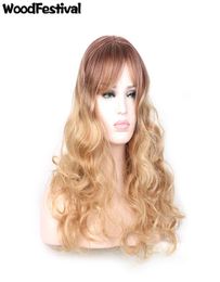 WoodFestival long curly gold ombre wig wavy women synthetic wigs with bangs rose network fiber hair medium length9475851