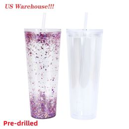 US Warehouse Pre-drilled 24oz Acrylic Tumblers with lid and Straws Snow Globe Tumbler Double Wall Clear Plastic Tumblers with hole257I