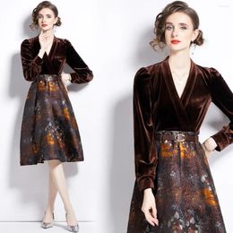 Casual Dresses 2024 Women's V-neck Velvet Splicing Jacquard Dress Waist Slimming A-line Skirt With Lining Cloth Belt