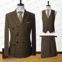 Suits 2023 New Fashion Men Suits Double Breasted Summer Slim Fit Brown Linen Plaid Tuxedo Custom Made Groom 3 Pcs Set Jacket Vest Pant