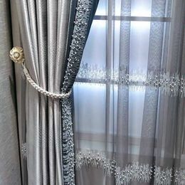 Modern Luxury Silver Grey Blackout Curtain Bead Lace stitching High-end Curtain Custom For Living Room Bedroom Drapes Blinds#4 210266j