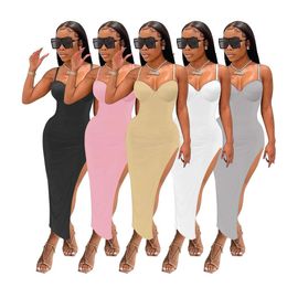 Womens Clothing Sexy Strap Solid Casual Dresses Colour Slim Fit Slit Dress For Women