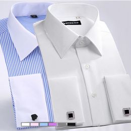 M6XL Mens French Cuff Dress Shirt White Long Sleeve Formal Business Buttons Male Shirts Regular Fit Cufflinks 240304