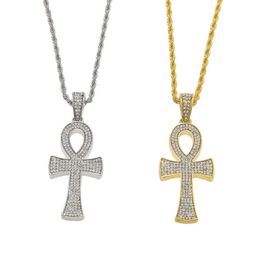 Egyptian Ankh Key of Life Gold Silver Cross Pendant Necklace Chain Bling Full Rhinestone Crystal Cross Pendant Punk Jewelry1706