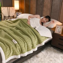 Blankets Wheat Flannel Fleece Blanket Green AB Side Thicken Throw Travel Sofa Multifunction Bedclothes Quilt Home Textile 200 230c187u