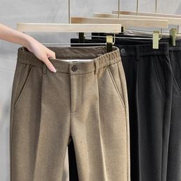 Autumn Winter Mens Woolen Suit Pants Formal Business Office Slim Straight Elastic Waist Korean Casual Tapered Brown Trousers 240321