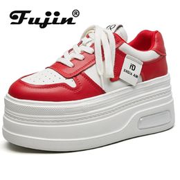 Fujin 9cm Platform Wedge Sneakers Genuine Leather Comfy Breathable Skate Board Vulcanised Chunky Hidden Heel Block Boots Shoes 240228