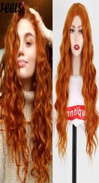 Hair Synthetic Wigs Cosplay Feelsi Synthetic Pure Red Black Orange Wig Long Water Wave Halloween Cosplay s for Women High Temperat3588755