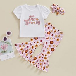 Clothing Sets Toddler Baby Girl Birthday Outfit Two Groovy Floral Embroidery Short Sleeve T-Shirt Top Flare Pants Set