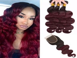 8A Ombre Brazilian Body Wave Human Hair Bundles With Closure T1b99j Red Two Tone Virgin Hair Weaves Extensions Double Weft 4pcs Wi2965579