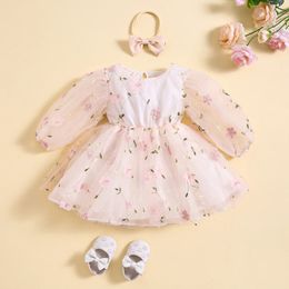 Barn baby flickor tyll prinsessan klänning spädbarn a-line klänning långärmad blomma broderi klänning med pannband 2 st kläder 240226