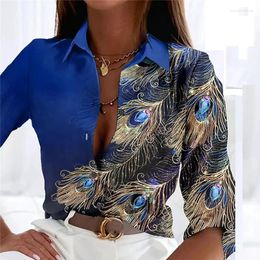 Women's Blouses Women Jewelry Blue Feather Print Blouse Shirts Spring Turn-down Collar Button Office Tops Autumn Long Sleeve Loose Coat