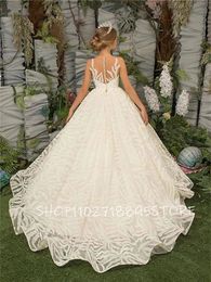 White Ball Gown Chapel Train Flower Girl Dress Lace Tulle Sleeveless Embroidered Party Costume ALine Princess Prom 240306