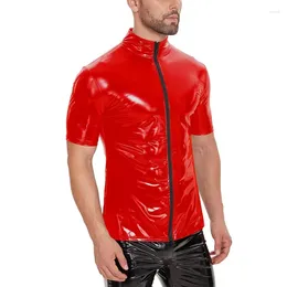 Men's T Shirts Red Black Shiny Shirt Unisex Metallic Hipster PVC Leather Tshirt Sexy Stand Collar Short Sleeves Front Zip Up T-shirt Tops