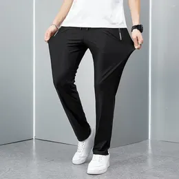 Men's Pants Men Casual Trousers Solid Colour Loose Straight Drawstring With Elastic Waist Pockets Breathable For Daily