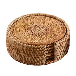 Mats & Pads 6pcs Handmade Woven Rattan Cup Coasters With Basket Non-slip Placemat Tea Trays Coffee Mugs Table Mat Insulation Table2853