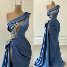 Arabic Aso Ebi Blue Evening Dresses Elegant Satin Applique Beaded Mermaid Prom Gowns One Shoulder Sexy High Slit Hollow Out Formal2470