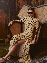 Casual Dresses Elegant Polka Dot Printed Women's Slit Maxi Dress Chic Mock Neck Shoulder Pads Backless Robe 2024 Spring Female Fashion