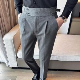 Pants Autumn Winter High Waist Business Dress Pants Men Casual Belt Design Slim Suit Pants Formal Wedding Social Party Male Trousers