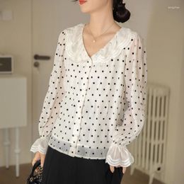 Women's Blouses Fashion Woman Blouse 2024 Vintage Hong Kong Flavour Apricot Polka Dot Shirt French Loose Sag Chic Tops Mujer
