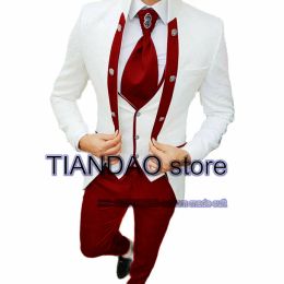 Suits Jacquard Men's Suit 3 Piece White Wedding Groom Tuxedo Shawl Collar Formal Jacket Pants Vest Male Blazer veste costume homme