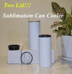 Two Lids 15oz Sublimation Can Cooler Straight Tumbler Stainless Steel Can Insulator Vacuum Insulated Bottle Cold Insulation Can Sk9185550