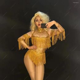 Stage Wear Nightclub Lady Costume Gold Tassels Crystals Bodysuit Long Sleeve Stretch Rhinestones Jumpsuits Sexy Party Zentai Outfit