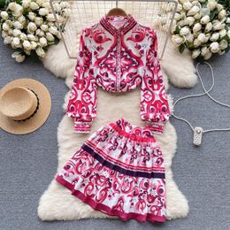 Two Piece Dress Summer Holiday Red Blue And White Porcelain Two Piece Suit Women Long Sleeve Blouse Shirts Printed Pleated Mini Skirt Sets 2024