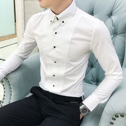 Mens Shirts Luxury Brand Long Sleeve Elegant For Men Clothing Slim Fit Casual Dress Formal BlackWhite 240305